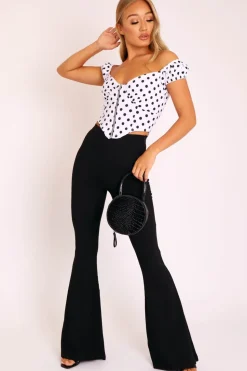 Rebellious Fashion White Black Polka Dot Zip Front Milkmaid Crop Top - Rubie