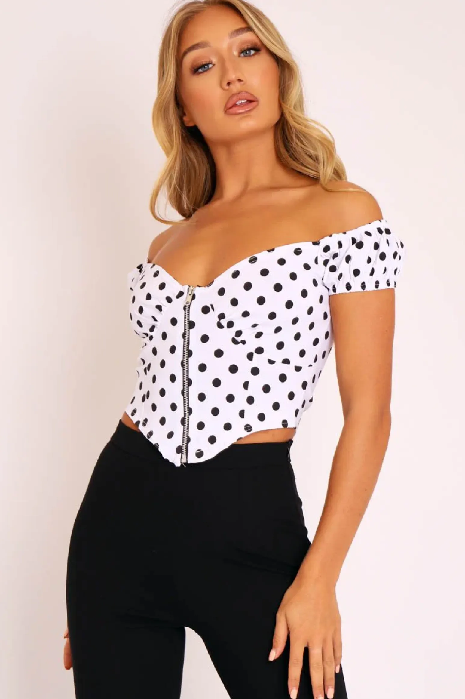 Rebellious Fashion White Black Polka Dot Zip Front Milkmaid Crop Top - Rubie