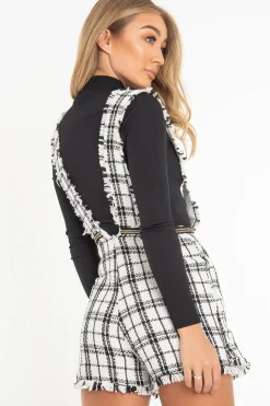 Rebellious Fashion White Black Tweed Pearl Button Playsuit - Jolette