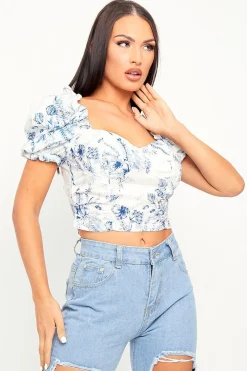 Rebellious Fashion White Blue Printed Corset Crop Top - Kindra