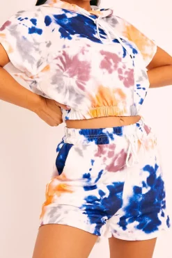 Rebellious Fashion White Blue Tie-Dye Hoodie and Shorts Loungewear Co-ord - Makaia