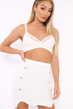 Rebellious Fashion White Bodycon Button Down Split Front Mini Skirt - Gretel