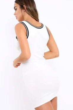 Rebellious Fashion White Bodycon Dress with Sports Trim - Juliya