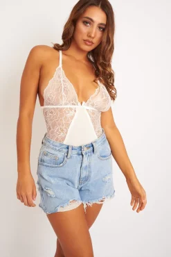 Rebellious Fashion White Bow Front Jersey Bodysuit - Caterina