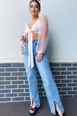 Rebellious Fashion White Bow Front Organza Sleeve Crop Top - Eddie