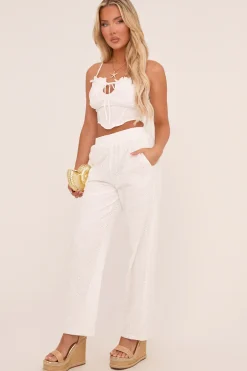 Rebellious Fashion White Broderie Anglaise Straight Leg Trousers - Astrid
