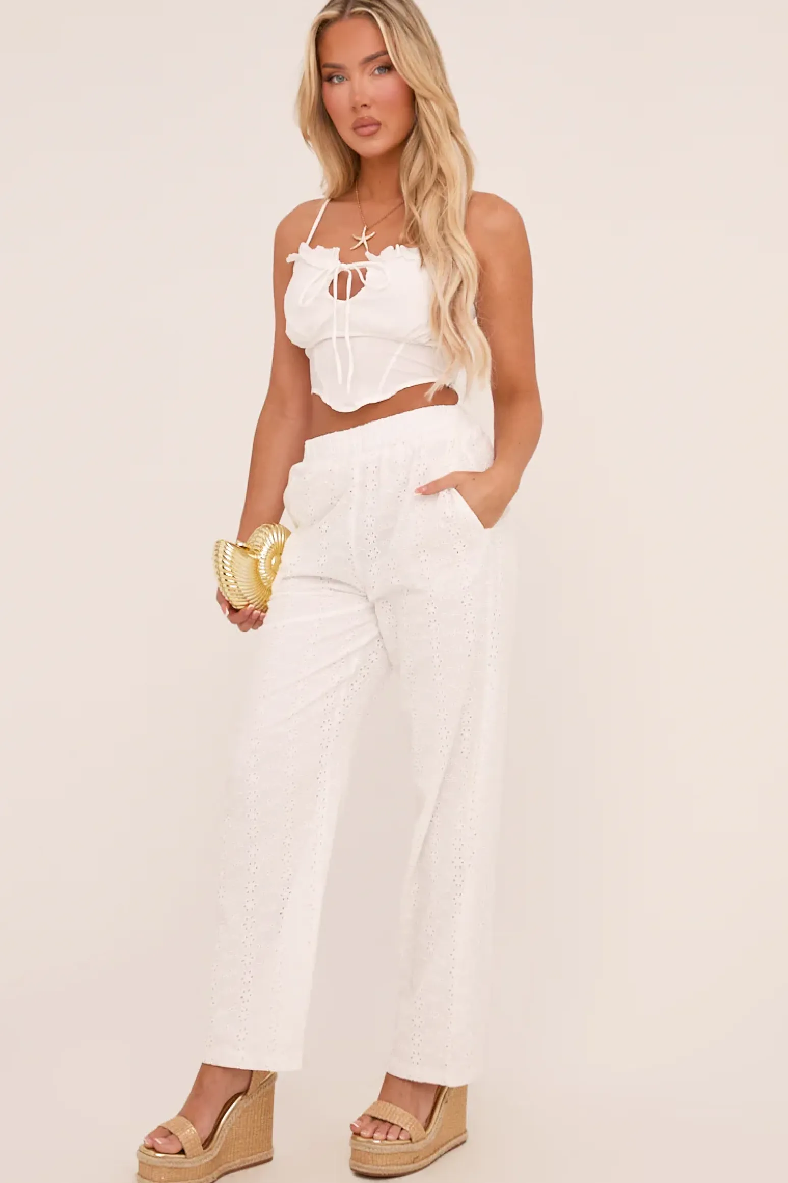 Rebellious Fashion White Broderie Anglaise Straight Leg Trousers - Astrid