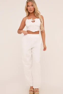 Rebellious Fashion White Broderie Anglaise Straight Leg Trousers - Astrid