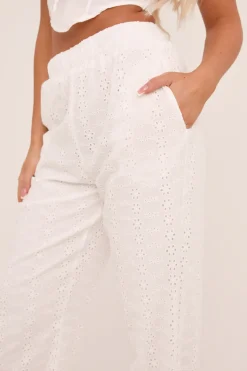 Rebellious Fashion White Broderie Anglaise Straight Leg Trousers - Astrid