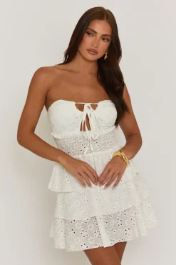Rebellious Fashion White Broderie Bandeau Ruffle Mini Dress - Maura