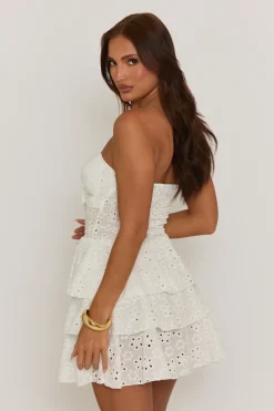 Rebellious Fashion White Broderie Bandeau Ruffle Mini Dress - Maura