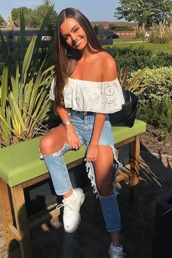 Rebellious Fashion White Broderie Shirred Waist Bardot Top - Sophia