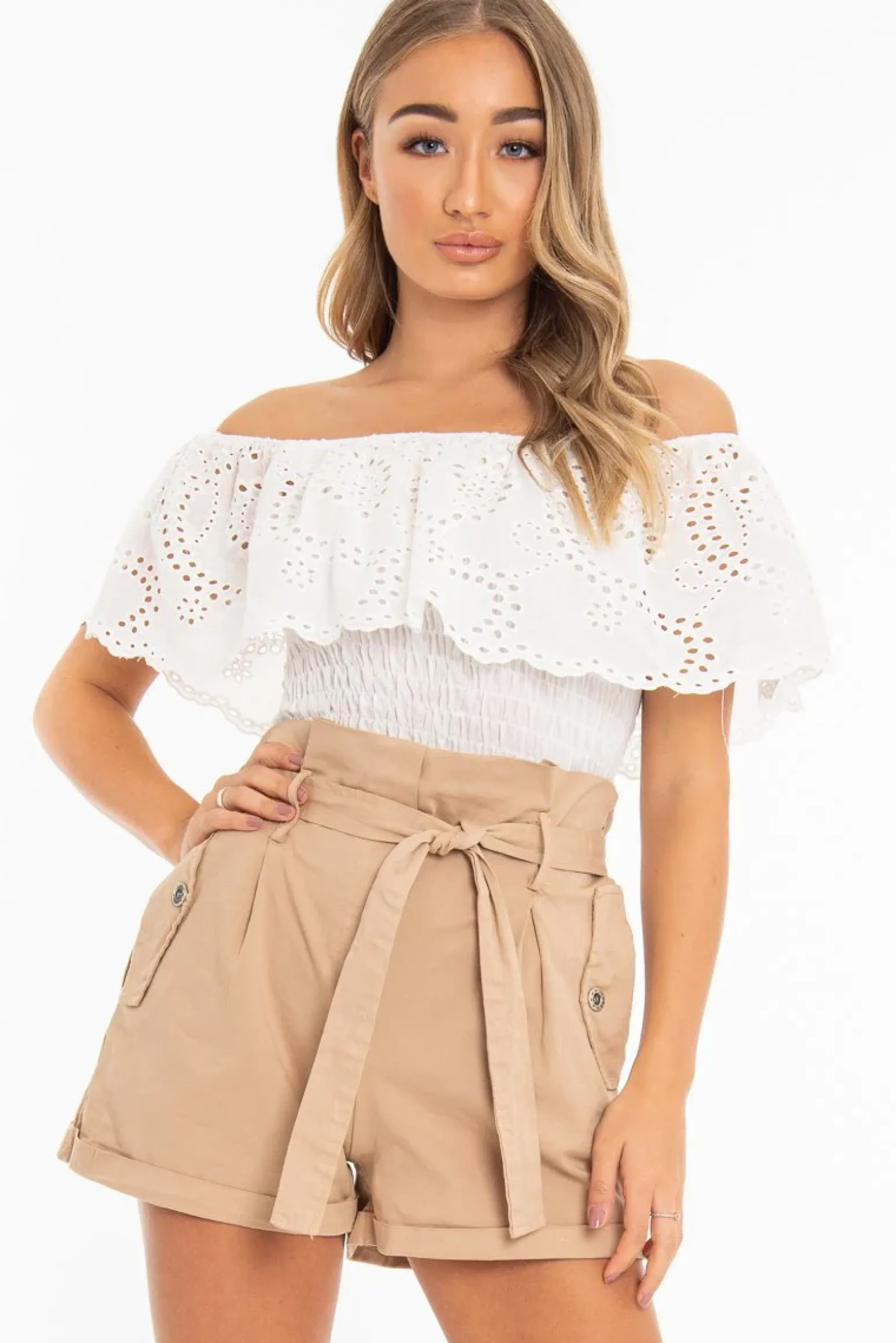 Rebellious Fashion White Broderie Shirred Waist Bardot Top - Sophia
