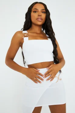 Rebellious Fashion White Buckle Crop Top and Asymmetric Skirt Set - Natalie