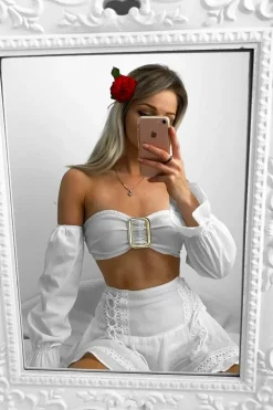 Rebellious Fashion White Buckle Front Extreme Bardot Crop Top - Theora