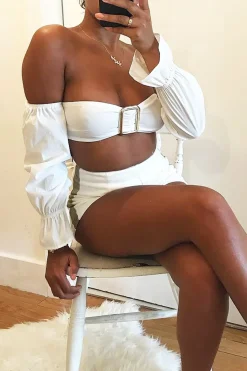 Rebellious Fashion White Buckle Front Extreme Bardot Crop Top - Theora