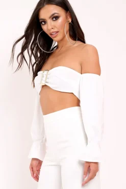 Rebellious Fashion White Buckle Front Extreme Bardot Crop Top - Theora