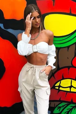 Rebellious Fashion White Buckle Front Extreme Bardot Crop Top - Theora
