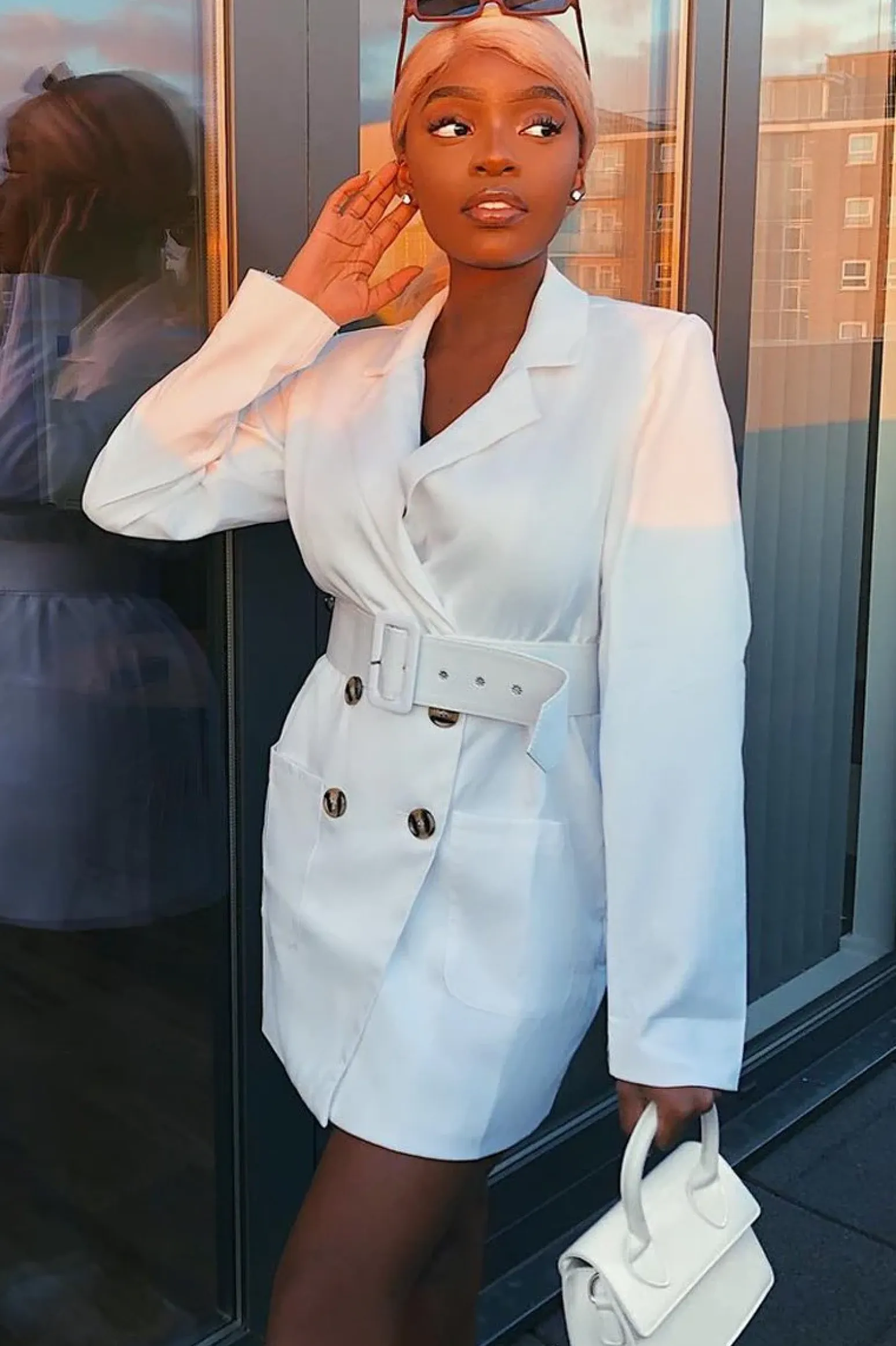 Rebellious Fashion White Button Front Belted Blazer Dress - Justyne