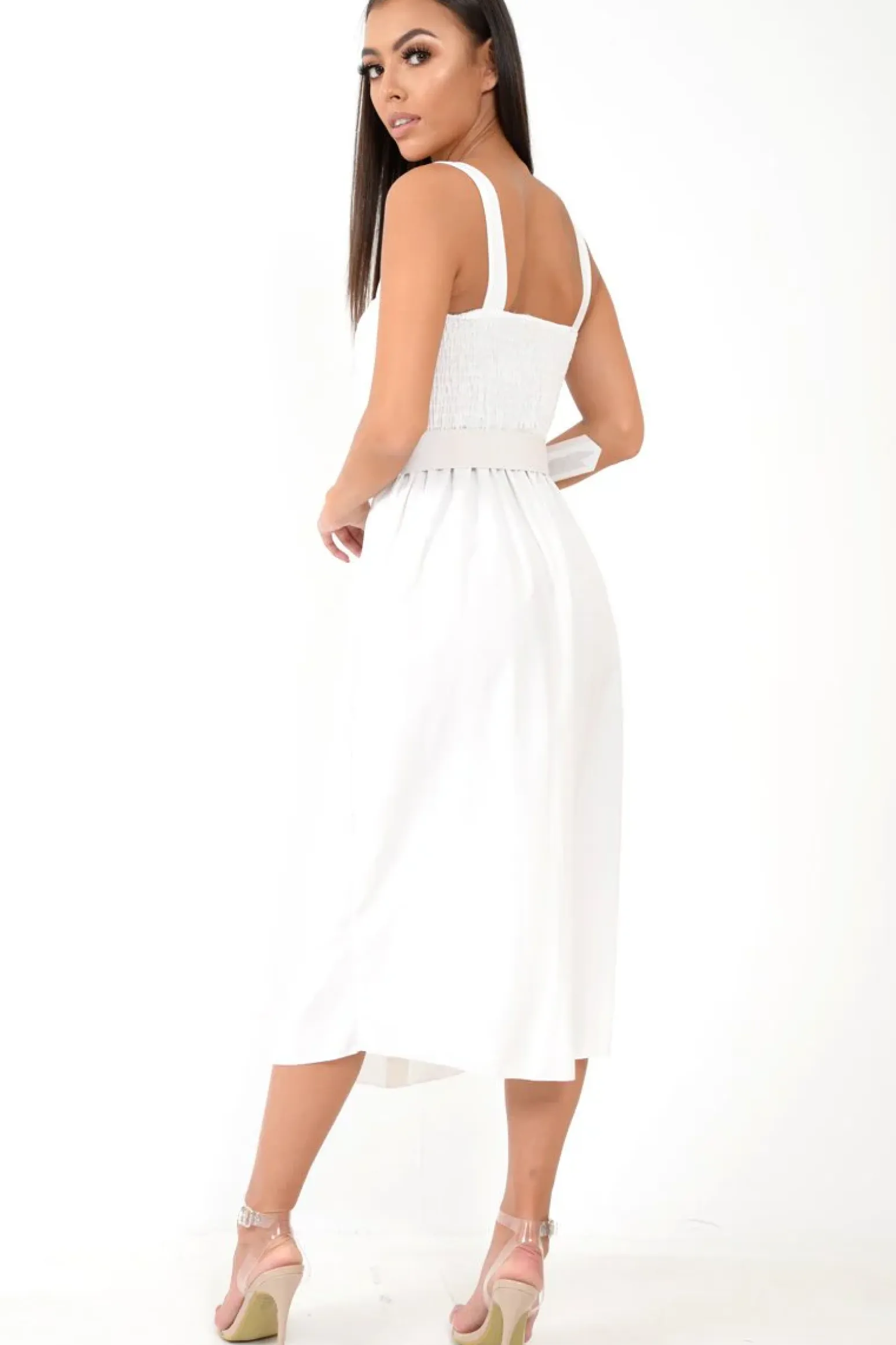 Rebellious Fashion White Button Front Belted Midi Dress - Caela