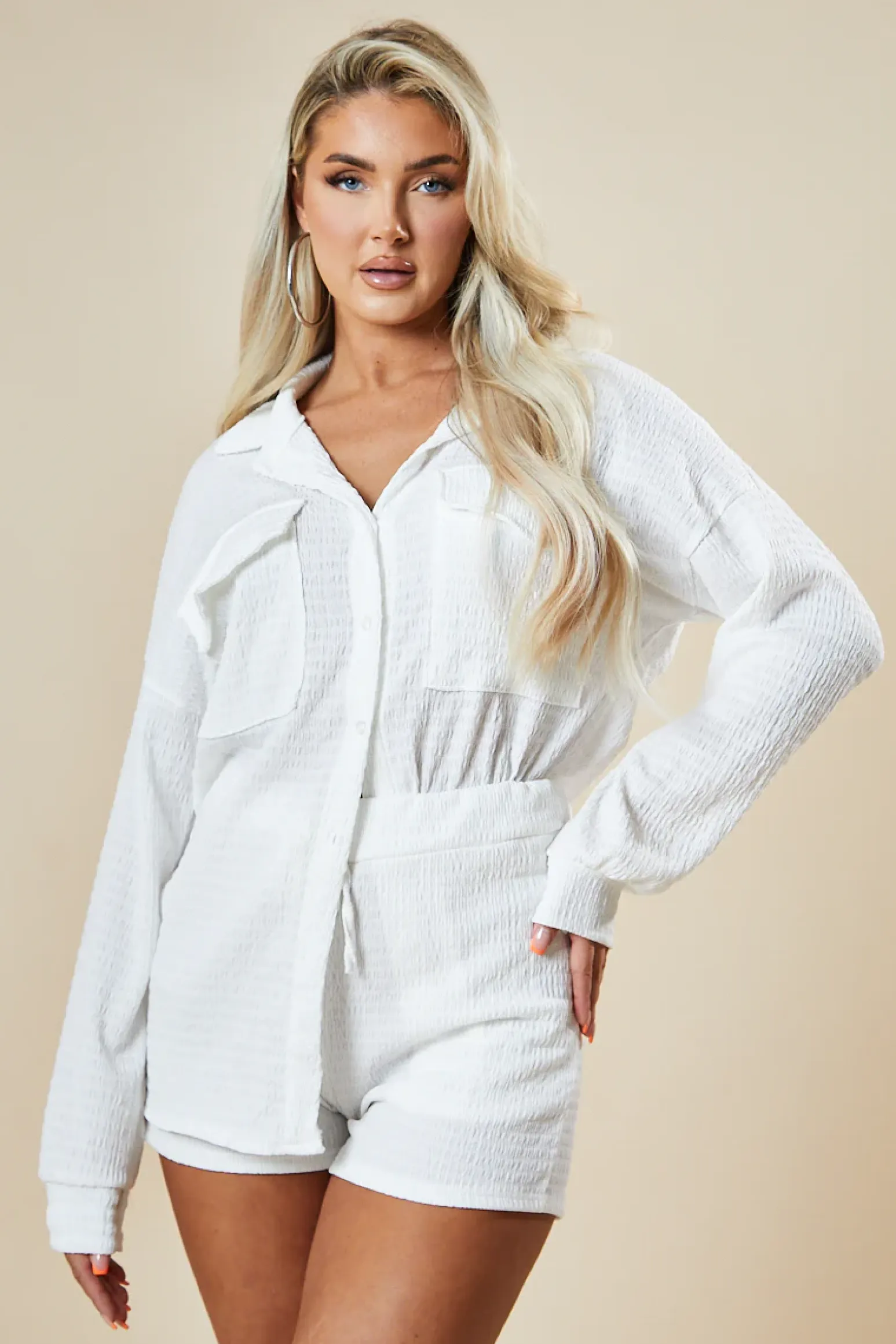 Rebellious Fashion White Button Up Front Shirt & Shorts Co-ord Set - Hoshi