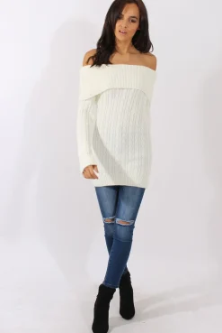 Rebellious Fashion White Cable Knit Bardot Top - Deakin