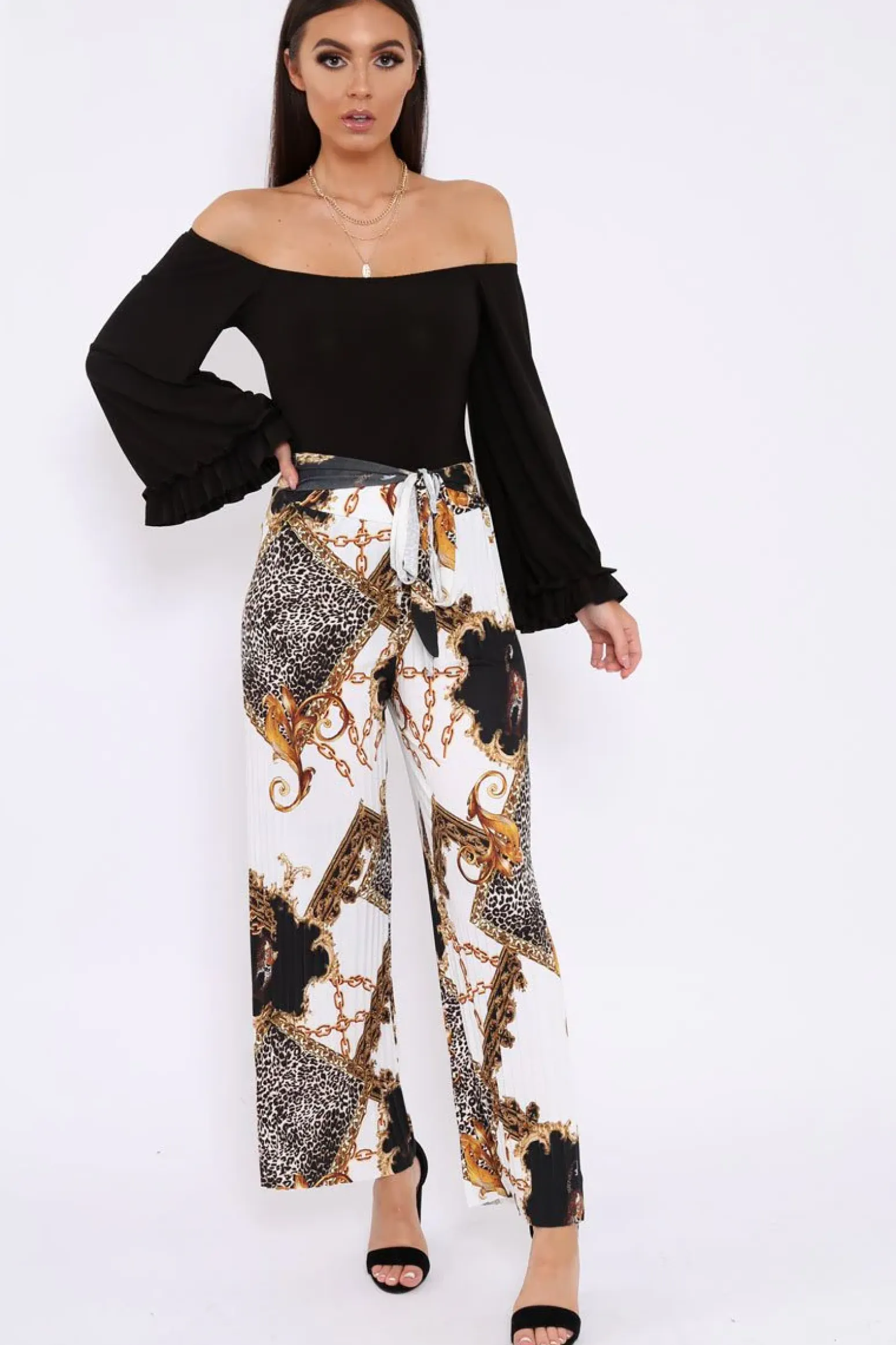 Rebellious Fashion White Chain Leopard Pleated Wide Leg Trousers - Bess