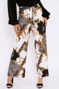 Rebellious Fashion White Chain Leopard Pleated Wide Leg Trousers - Bess