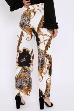 Rebellious Fashion White Chain Leopard Pleated Wide Leg Trousers - Bess