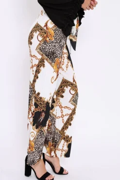 Rebellious Fashion White Chain Leopard Pleated Wide Leg Trousers - Bess