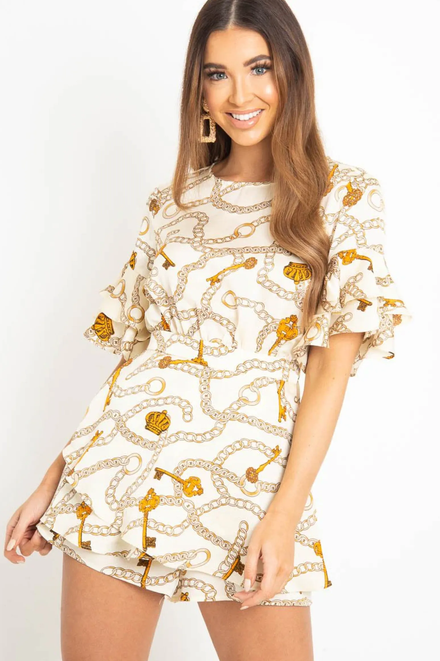 Rebellious Fashion White Chain Print Ruffle Sleeve Playsuit - Parrish