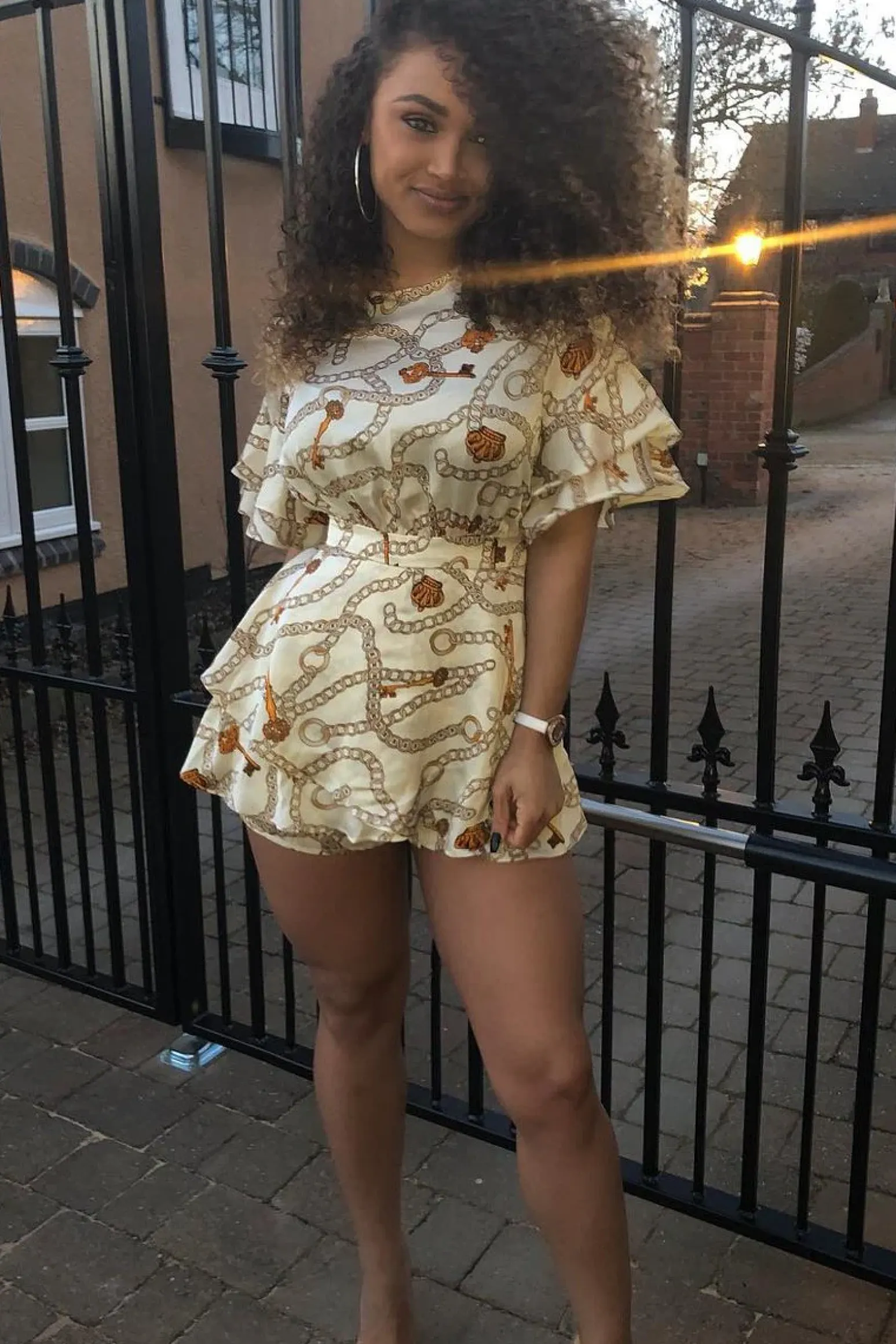 Rebellious Fashion White Chain Print Ruffle Sleeve Playsuit - Parrish