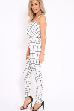 Rebellious Fashion White Checked Crop Top and Trousers Co-ord Set - Linda