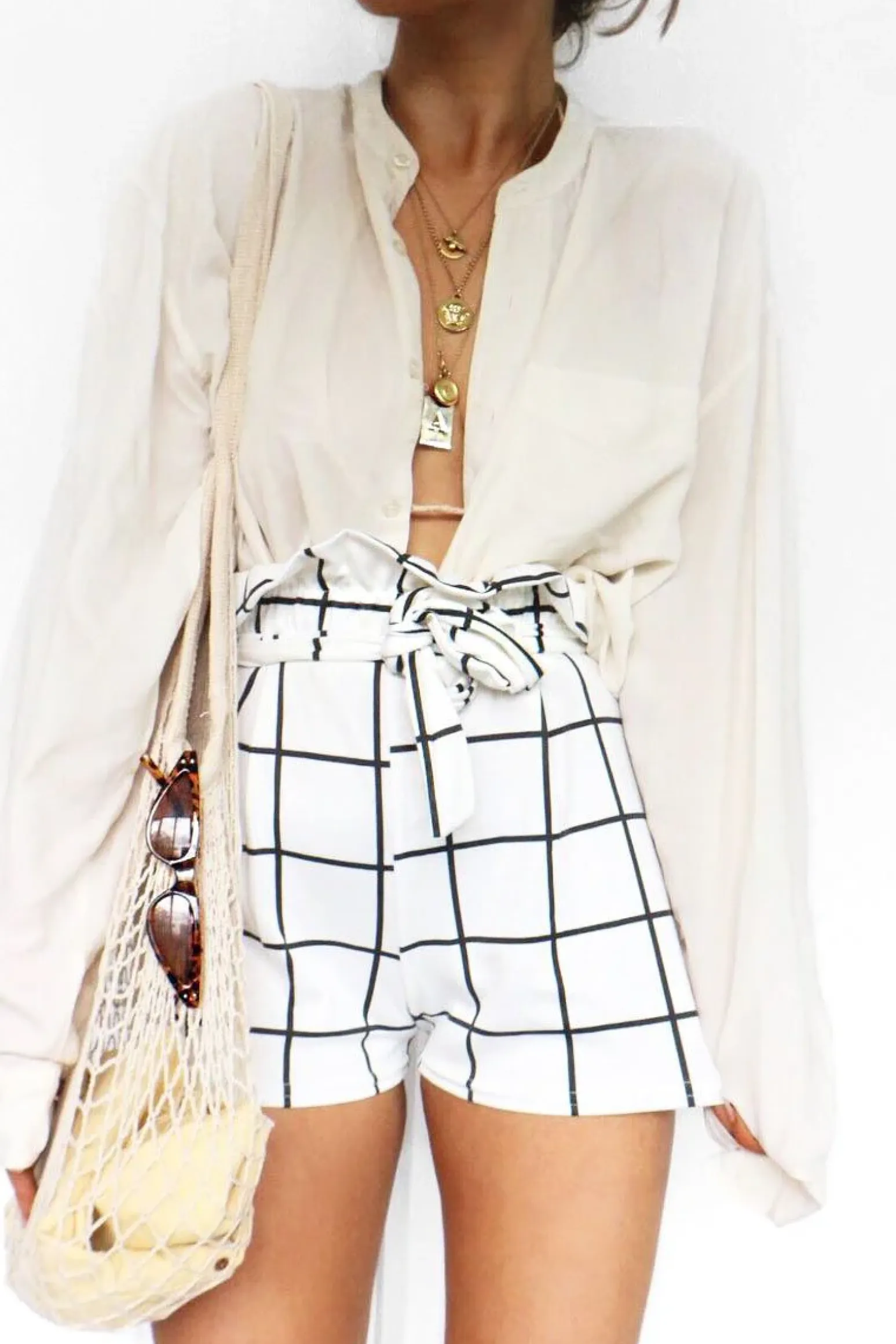 Rebellious Fashion White Check Paper Bag Shorts - Nila
