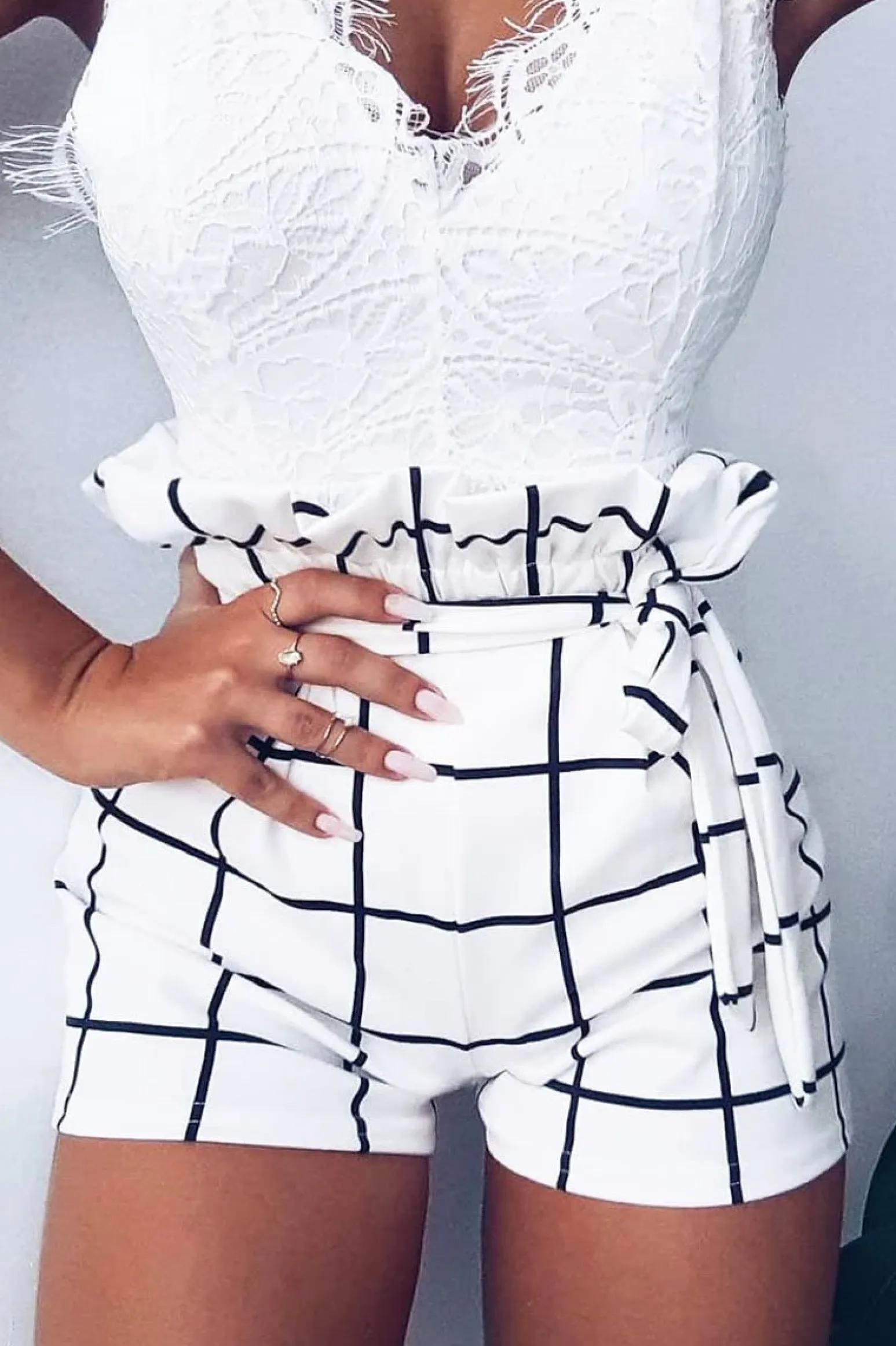 Rebellious Fashion White Check Paper Bag Shorts - Nila