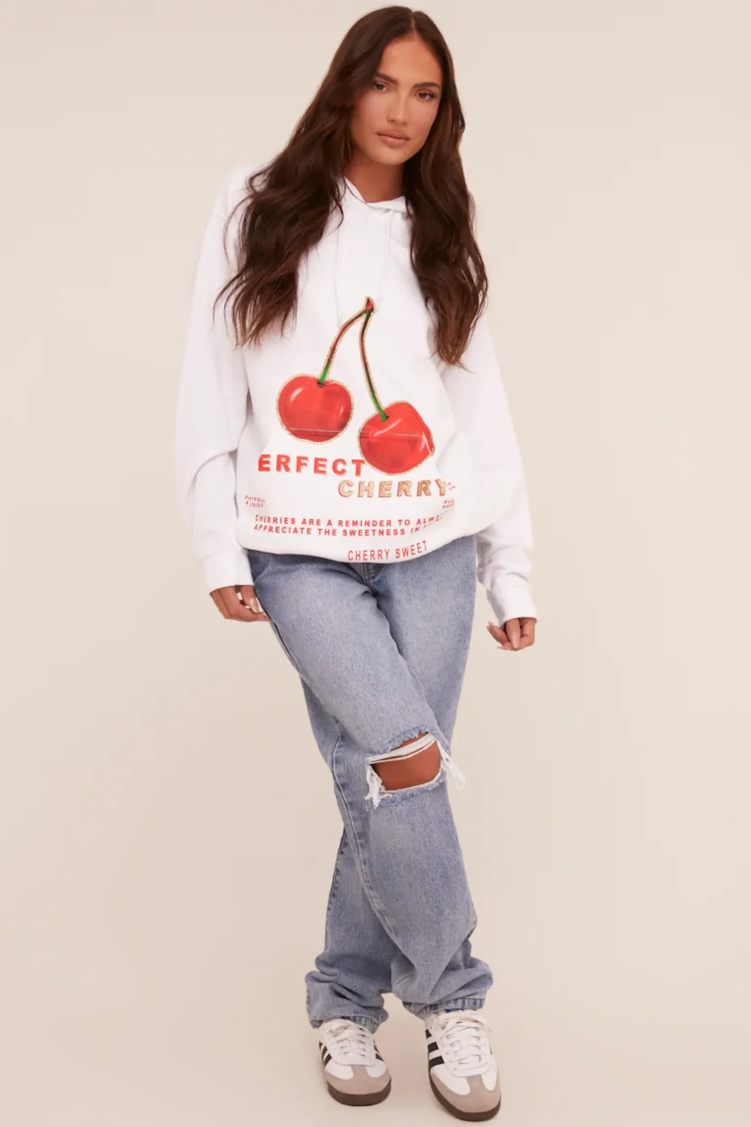 Rebellious Fashion White Cherry Print Oversized Hoodie - Molly