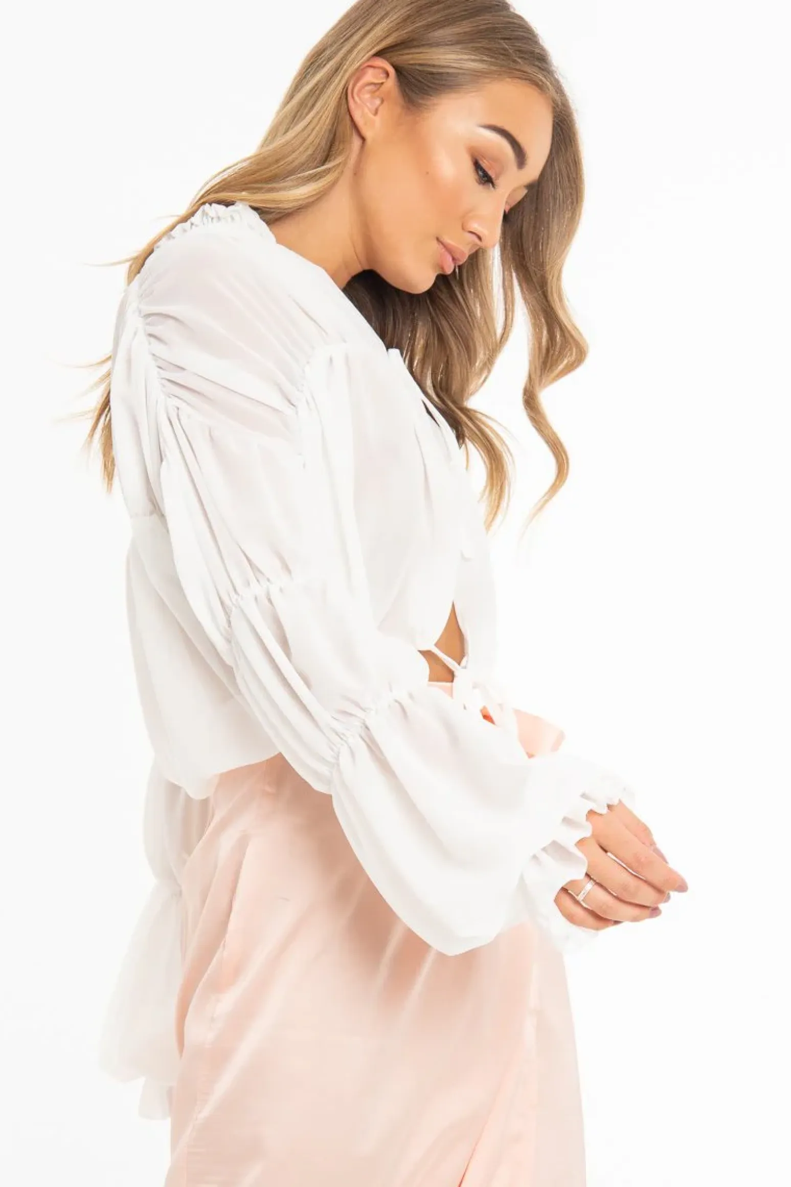 Rebellious Fashion White Chiffon Balloon Sleeve Crop Tie Front Blouse - Amelia