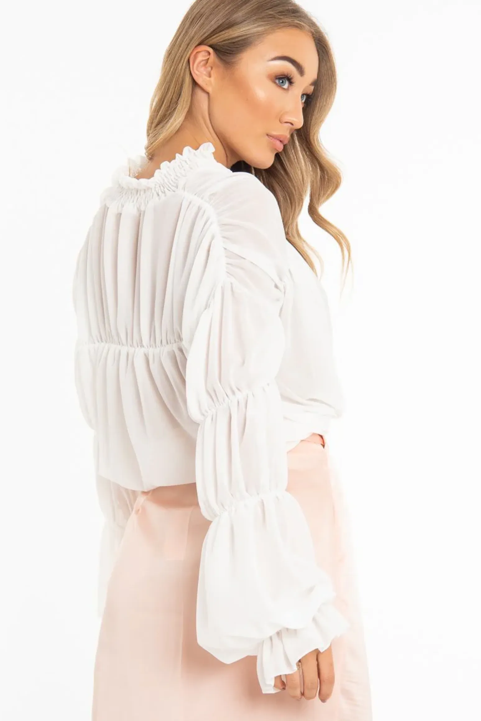 Rebellious Fashion White Chiffon Balloon Sleeve Crop Tie Front Blouse - Amelia