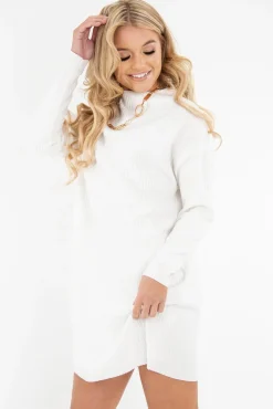 Rebellious Fashion White Chunky Rib Slash Neck Jumper Dress - Kameron