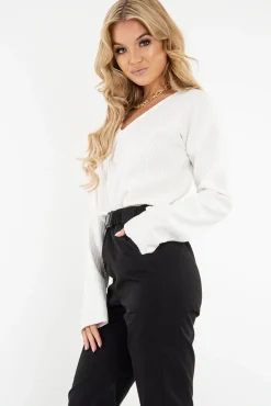 Rebellious Fashion White Chunky Rib V-Neck Jumper - Evalise