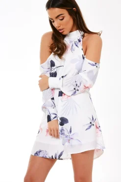 Rebellious Fashion White Cold Shoulder Floral Dress - Maxine
