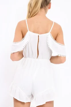 Rebellious Fashion White Cold Shoulder Frill Playsuit - Lashanti