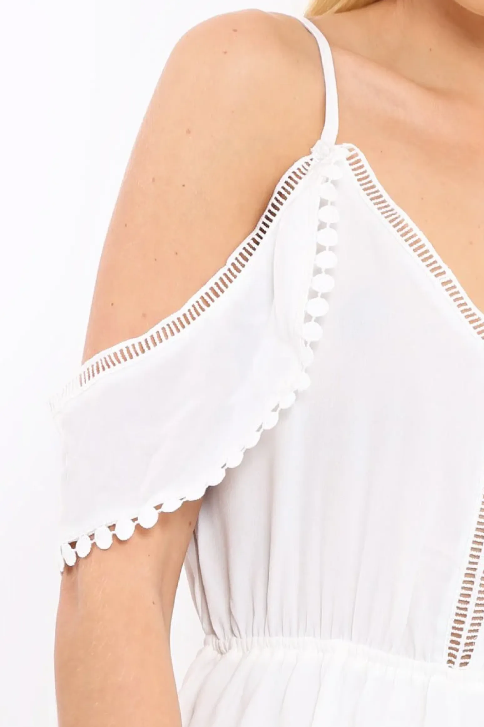 Rebellious Fashion White Cold Shoulder Frill Playsuit - Lashanti