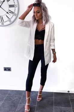 Rebellious Fashion White Collar Cuffed Sleeves Striped Blazer - Elyza