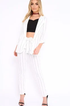 Rebellious Fashion White Collar Cuffed Sleeves Striped Blazer - Elyza
