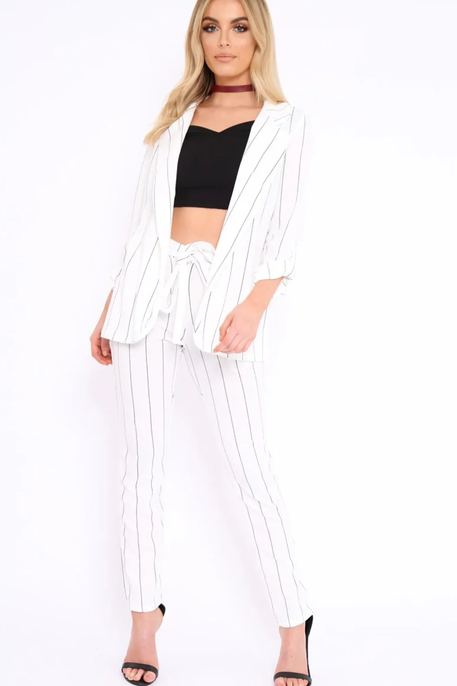 Rebellious Fashion White Collar Cuffed Sleeves Striped Blazer - Elyza