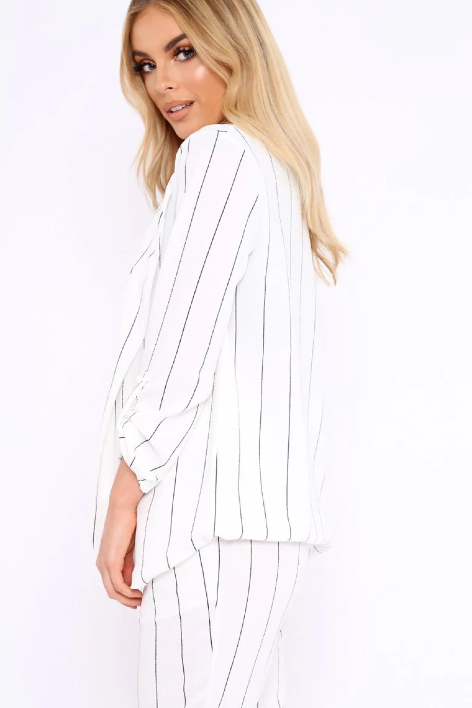 Rebellious Fashion White Collar Cuffed Sleeves Striped Blazer - Elyza