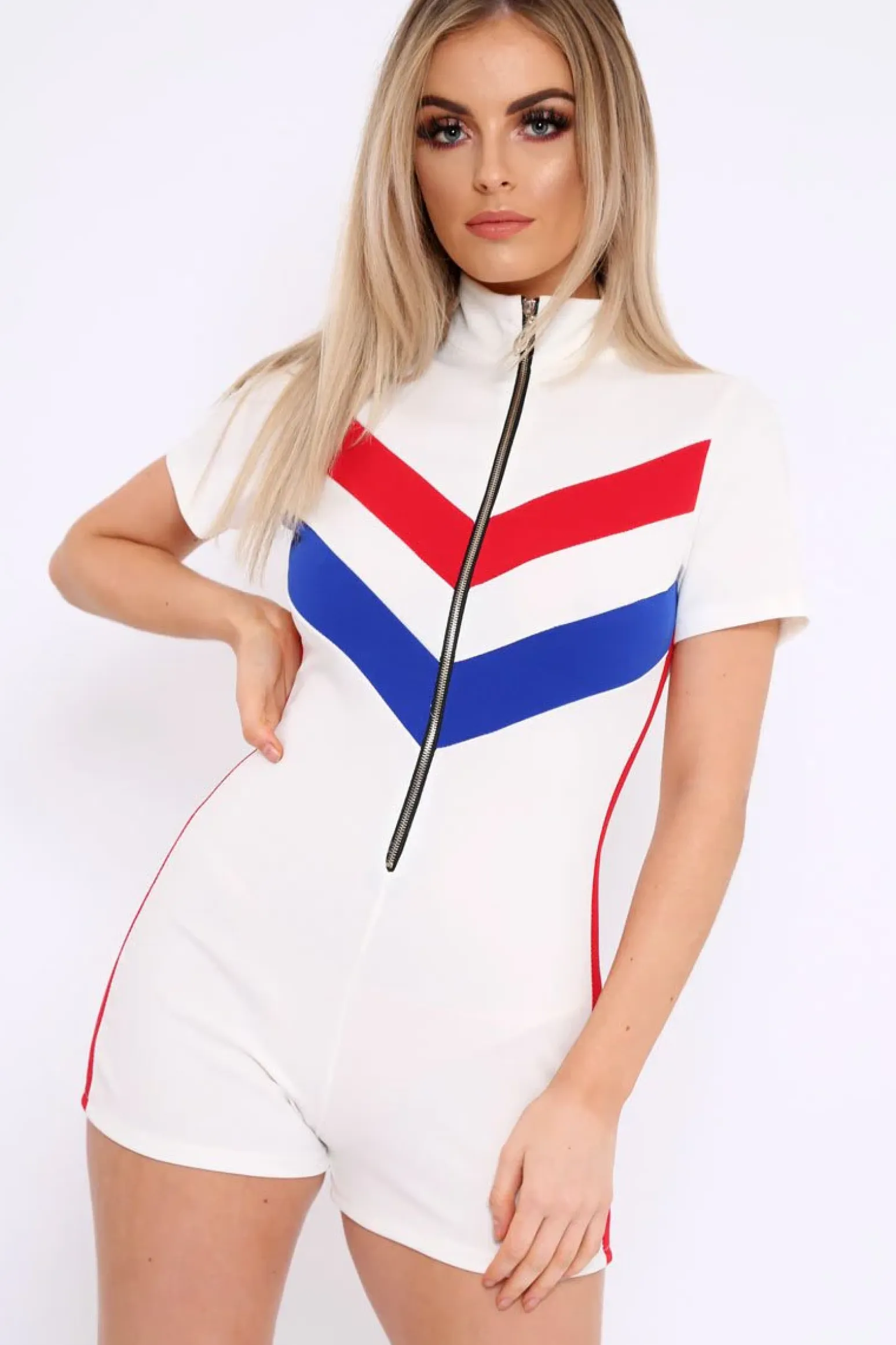Rebellious Fashion White Colour Block Zip Front Playsuit - Maleia