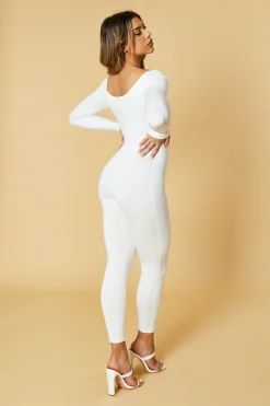Rebellious Fashion White Contour Long Sleeve Jumpsuit -- Luana
