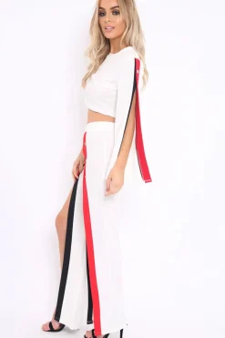Rebellious Fashion White Contrast Split Popper Front Co-ord Set - Krista